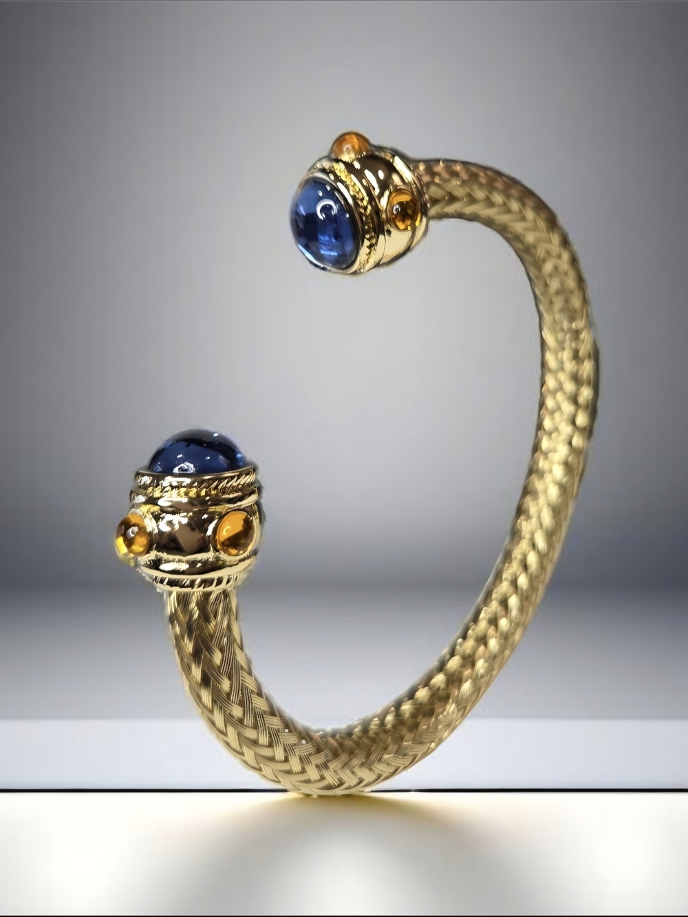 18k Gold Plated Byzantine Chunky Braided Cable Sapphire Citrine Glass Bracelet